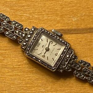 Art Deco Bucherer Swiss Made Watch Marcasite 800 Silver 17 Jewels 7” Wind